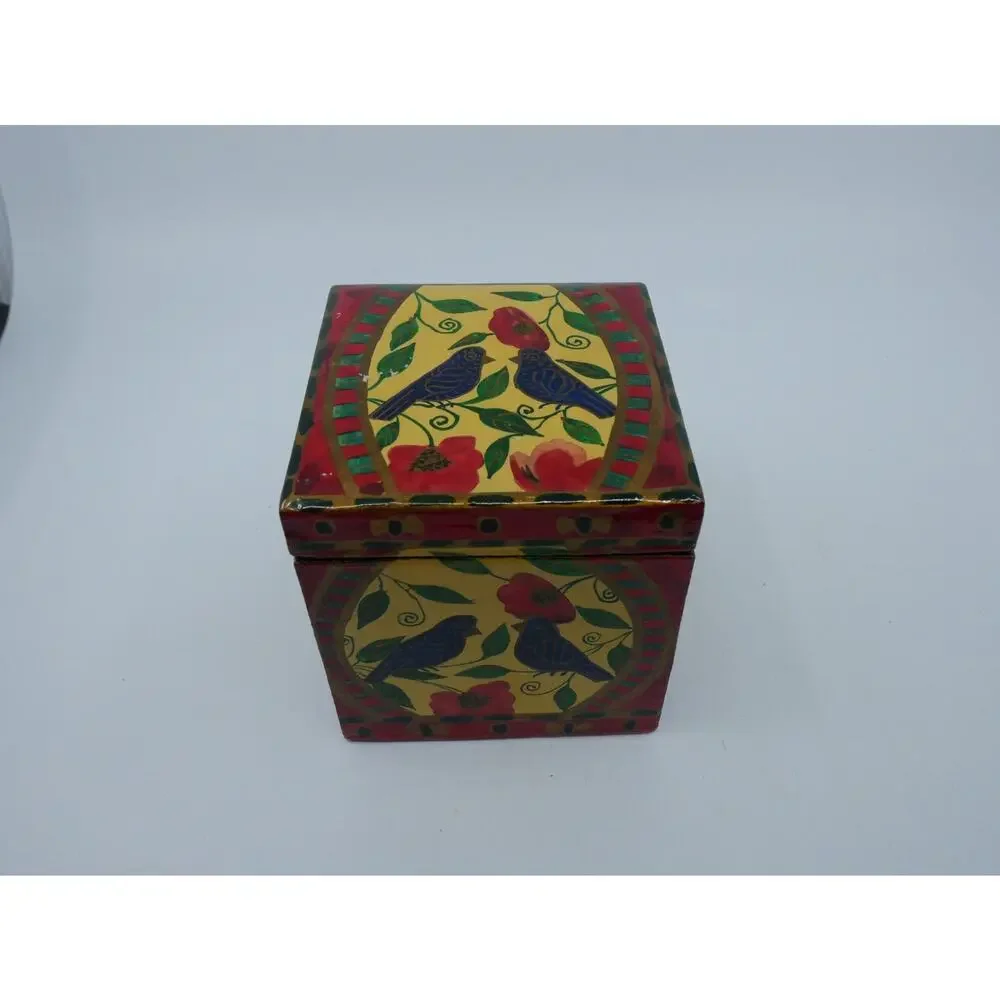 Kashmiri Paper Machè Wood Box And Ornament Blue Birds Floral Hand Painted